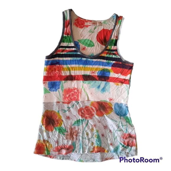 DESIGUAL Amarillo GRAPHIC VEST TANK TOP FLORAL COTTON - Picture 1 of 3